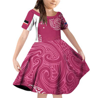 Personalised New Zealand Rugby Family Matching Off Shoulder Short Dress and Hawaiian Shirt Aotearoa Champions - Pink Version LT7 Daughter's Dress Pink - Polynesian Pride