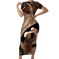 Father's Day Polynesian Pattern Family Matching Short Sleeve Bodycon Dress and Hawaiian Shirt Tropical Humpback Whale LT7 Mom's Dress Brown - Polynesian Pride