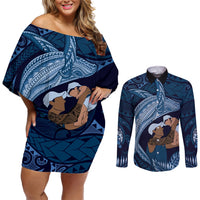 Father's Day Polynesian Pattern Couples Matching Off Shoulder Short Dress and Long Sleeve Button Shirt Tropical Humpback Whale - Navy
