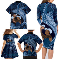 Father's Day Polynesian Pattern Family Matching Long Sleeve Bodycon Dress and Hawaiian Shirt Tropical Humpback Whale - Navy LT7 - Polynesian Pride