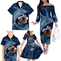 Father's Day Polynesian Pattern Family Matching Off The Shoulder Long Sleeve Dress and Hawaiian Shirt Tropical Humpback Whale - Navy LT7 - Polynesian Pride
