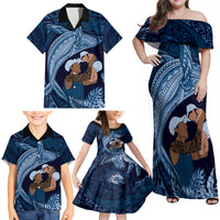 Father's Day Polynesian Pattern Family Matching Off Shoulder Maxi Dress and Hawaiian Shirt Tropical Humpback Whale - Navy LT7 - Polynesian Pride