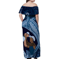 Father's Day Polynesian Pattern Family Matching Off Shoulder Maxi Dress and Hawaiian Shirt Tropical Humpback Whale - Navy LT7 - Polynesian Pride