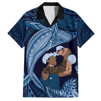 Father's Day Polynesian Pattern Family Matching Off Shoulder Short Dress and Hawaiian Shirt Tropical Humpback Whale - Navy LT7 Dad's Shirt - Short Sleeve Navy Blue - Polynesian Pride