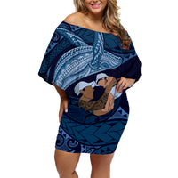Father's Day Polynesian Pattern Family Matching Off Shoulder Short Dress and Hawaiian Shirt Tropical Humpback Whale - Navy LT7 Mom's Dress Navy Blue - Polynesian Pride