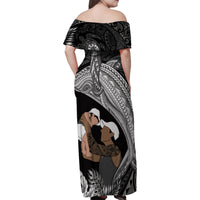 Father's Day Polynesian Pattern Family Matching Off Shoulder Maxi Dress and Hawaiian Shirt Tropical Humpback Whale - Black LT7 - Polynesian Pride