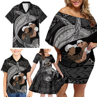 Father's Day Polynesian Pattern Family Matching Off Shoulder Short Dress and Hawaiian Shirt Tropical Humpback Whale - Black LT7 - Polynesian Pride