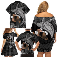 Father's Day Polynesian Pattern Family Matching Off Shoulder Short Dress and Hawaiian Shirt Tropical Humpback Whale - Black LT7 - Polynesian Pride