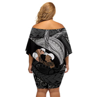 Father's Day Polynesian Pattern Family Matching Off Shoulder Short Dress and Hawaiian Shirt Tropical Humpback Whale - Black LT7 - Polynesian Pride