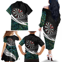 Personalized NZ Darts Family Matching Off The Shoulder Long Sleeve Dress and Hawaiian Shirt Paua Shell Maori Koru Whakairo LT7 - Polynesian Pride