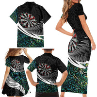 Personalized NZ Darts Family Matching Short Sleeve Bodycon Dress and Hawaiian Shirt Paua Shell Maori Koru Whakairo LT7 - Polynesian Pride