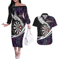Personalized NZ Darts Couples Matching Off The Shoulder Long Sleeve Dress and Hawaiian Shirt Paua Shell Maori Koru Whakairo - Purple LT7 Purple - Polynesian Pride