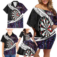 Personalized NZ Darts Family Matching Off Shoulder Short Dress and Hawaiian Shirt Paua Shell Maori Koru Whakairo - Purple LT7 - Polynesian Pride