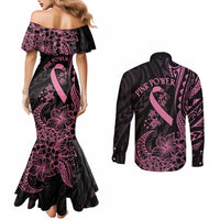 Polynesian Pink Power Couples Matching Mermaid Dress and Long Sleeve Button Shirt Breast Cancer Ribbon Turtle and Flowers LT7 - Polynesian Pride