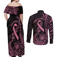Polynesian Pink Power Couples Matching Off Shoulder Maxi Dress and Long Sleeve Button Shirt Breast Cancer Ribbon Turtle and Flowers LT7 - Polynesian Pride