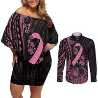 Polynesian Pink Power Couples Matching Off Shoulder Short Dress and Long Sleeve Button Shirt Breast Cancer Ribbon Turtle and Flowers LT7 Pink - Polynesian Pride