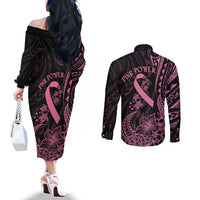 Polynesian Pink Power Couples Matching Off The Shoulder Long Sleeve Dress and Long Sleeve Button Shirt Breast Cancer Ribbon Turtle and Flowers LT7 - Polynesian Pride