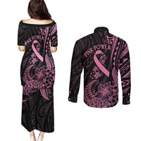 Polynesian Pink Power Couples Matching Puletasi and Long Sleeve Button Shirt Breast Cancer Ribbon Turtle and Flowers LT7 - Polynesian Pride