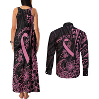 Polynesian Pink Power Couples Matching Tank Maxi Dress and Long Sleeve Button Shirt Breast Cancer Ribbon Turtle and Flowers LT7 - Polynesian Pride