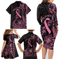 Polynesian Pink Power Family Matching Long Sleeve Bodycon Dress and Hawaiian Shirt Breast Cancer Ribbon Turtle and Flowers LT7 - Polynesian Pride