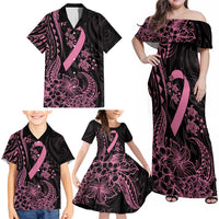 Polynesian Pink Power Family Matching Off Shoulder Maxi Dress and Hawaiian Shirt Breast Cancer Ribbon Turtle and Flowers LT7 - Polynesian Pride