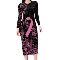 Polynesian Pink Power Long Sleeve Bodycon Dress Breast Cancer Ribbon Turtle and Flowers LT7 Long Dress Pink - Polynesian Pride