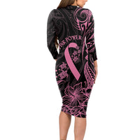 Polynesian Pink Power Long Sleeve Bodycon Dress Breast Cancer Ribbon Turtle and Flowers LT7 - Polynesian Pride