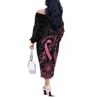 Polynesian Pink Power Off The Shoulder Long Sleeve Dress Breast Cancer Ribbon Turtle and Flowers LT7 - Polynesian Pride
