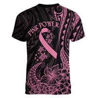 Polynesian Pink Power Women V-Neck T-Shirt Breast Cancer Ribbon Turtle and Flowers LT7 - Polynesian Pride
