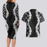 Hawaii Aloha Plumeria Lei Black Palaka Couples Matching Long Sleeve Bodycon Dress and Hawaiian Shirt LT7 - Polynesian Pride