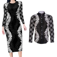 Hawaii Aloha Plumeria Lei Black Palaka Couples Matching Long Sleeve Bodycon Dress and Long Sleeve Button Shirt LT7 Black - Polynesian Pride