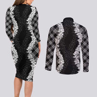 Hawaii Aloha Plumeria Lei Black Palaka Couples Matching Long Sleeve Bodycon Dress and Long Sleeve Button Shirt LT7 - Polynesian Pride