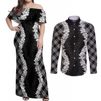 Hawaii Aloha Plumeria Lei Black Palaka Couples Matching Off Shoulder Maxi Dress and Long Sleeve Button Shirt LT7 Black - Polynesian Pride