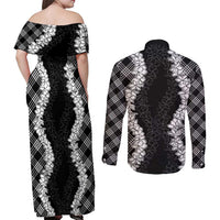 Hawaii Aloha Plumeria Lei Black Palaka Couples Matching Off Shoulder Maxi Dress and Long Sleeve Button Shirt LT7 - Polynesian Pride