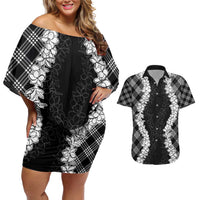 Hawaii Aloha Plumeria Lei Black Palaka Couples Matching Off Shoulder Short Dress and Hawaiian Shirt LT7 Black - Polynesian Pride