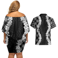 Hawaii Aloha Plumeria Lei Black Palaka Couples Matching Off Shoulder Short Dress and Hawaiian Shirt LT7 - Polynesian Pride
