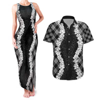 Hawaii Aloha Plumeria Lei Black Palaka Couples Matching Tank Maxi Dress and Hawaiian Shirt LT7 Black - Polynesian Pride