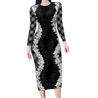 Hawaii Aloha Plumeria Lei Black Palaka Family Matching Long Sleeve Bodycon Dress and Hawaiian Shirt LT7 Mom's Dress Black - Polynesian Pride