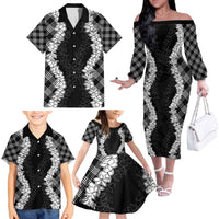 Hawaii Aloha Plumeria Lei Black Palaka Family Matching Off The Shoulder Long Sleeve Dress and Hawaiian Shirt LT7 - Polynesian Pride