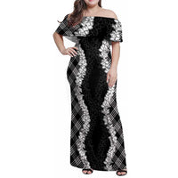 Hawaii Aloha Plumeria Lei Black Palaka Family Matching Off Shoulder Maxi Dress and Hawaiian Shirt LT7 Mom's Dress Black - Polynesian Pride