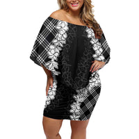 Hawaii Aloha Plumeria Lei Black Palaka Family Matching Off Shoulder Short Dress and Hawaiian Shirt LT7 Mom's Dress Black - Polynesian Pride