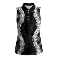 Hawaii Aloha Plumeria Lei Black Palaka Women Sleeveless Polo Shirt LT7 Female Black - Polynesian Pride