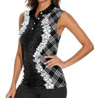Hawaii Aloha Plumeria Lei Black Palaka Women Sleeveless Polo Shirt LT7 - Polynesian Pride
