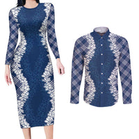 Hawaii Aloha Plumeria Lei Navy Palaka Couples Matching Long Sleeve Bodycon Dress and Long Sleeve Button Shirt LT7 Navy Blue - Polynesian Pride
