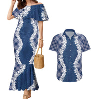 Hawaii Aloha Plumeria Lei Navy Palaka Couples Matching Mermaid Dress and Hawaiian Shirt LT7 Navy Blue - Polynesian Pride
