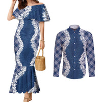 Hawaii Aloha Plumeria Lei Navy Palaka Couples Matching Mermaid Dress and Long Sleeve Button Shirt LT7 Navy Blue - Polynesian Pride