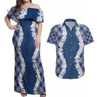 Hawaii Aloha Plumeria Lei Navy Palaka Couples Matching Off Shoulder Maxi Dress and Hawaiian Shirt LT7 Navy Blue - Polynesian Pride