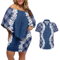 Hawaii Aloha Plumeria Lei Navy Palaka Couples Matching Off Shoulder Short Dress and Hawaiian Shirt LT7 Navy Blue - Polynesian Pride