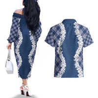 Hawaii Aloha Plumeria Lei Navy Palaka Couples Matching Off The Shoulder Long Sleeve Dress and Hawaiian Shirt LT7 - Polynesian Pride