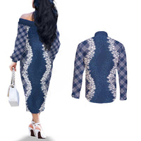 Hawaii Aloha Plumeria Lei Navy Palaka Couples Matching Off The Shoulder Long Sleeve Dress and Long Sleeve Button Shirt LT7 - Polynesian Pride